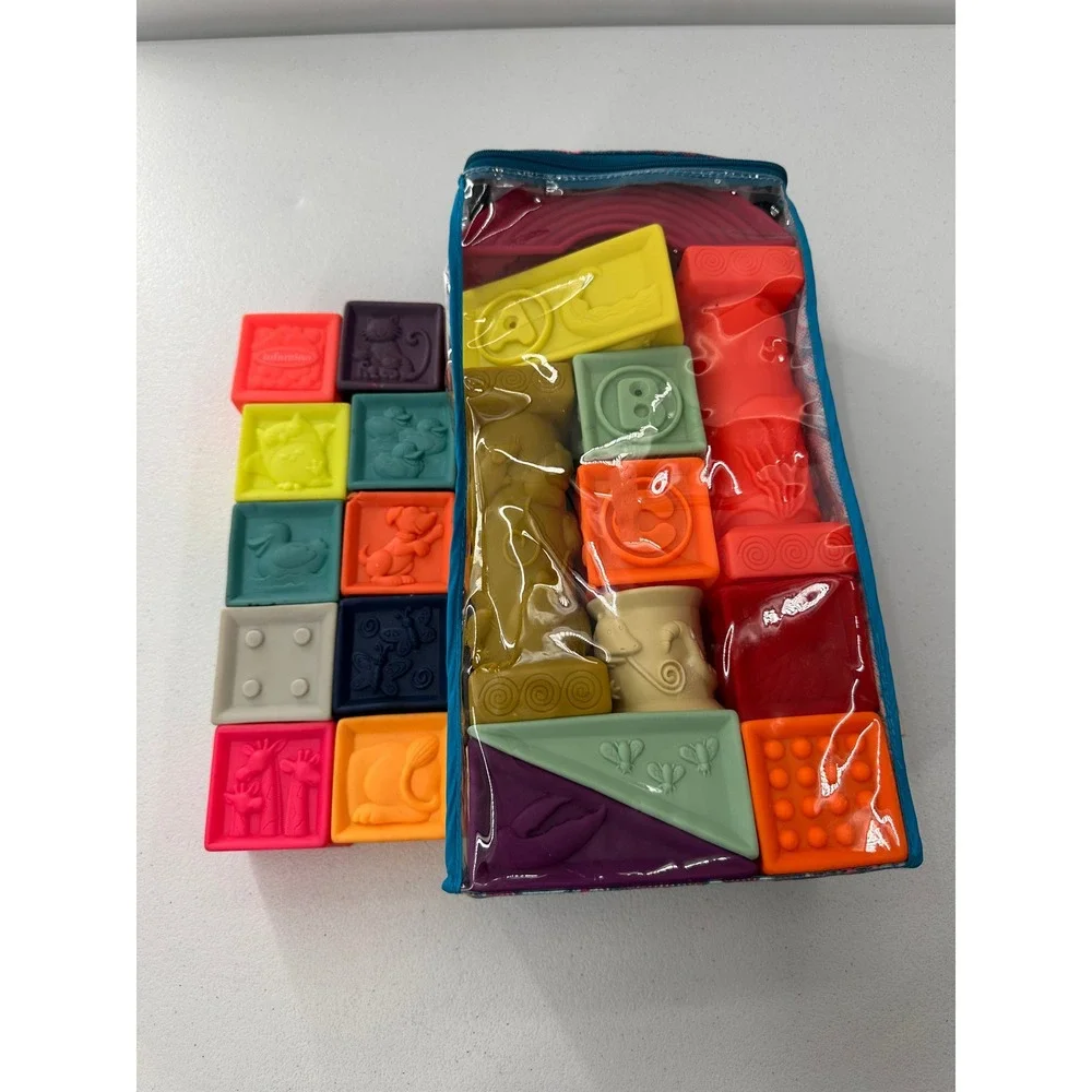 B Baby Soft Squeeze Blocks Building Toy Set Animals Letters Shapes Nursery Bag
